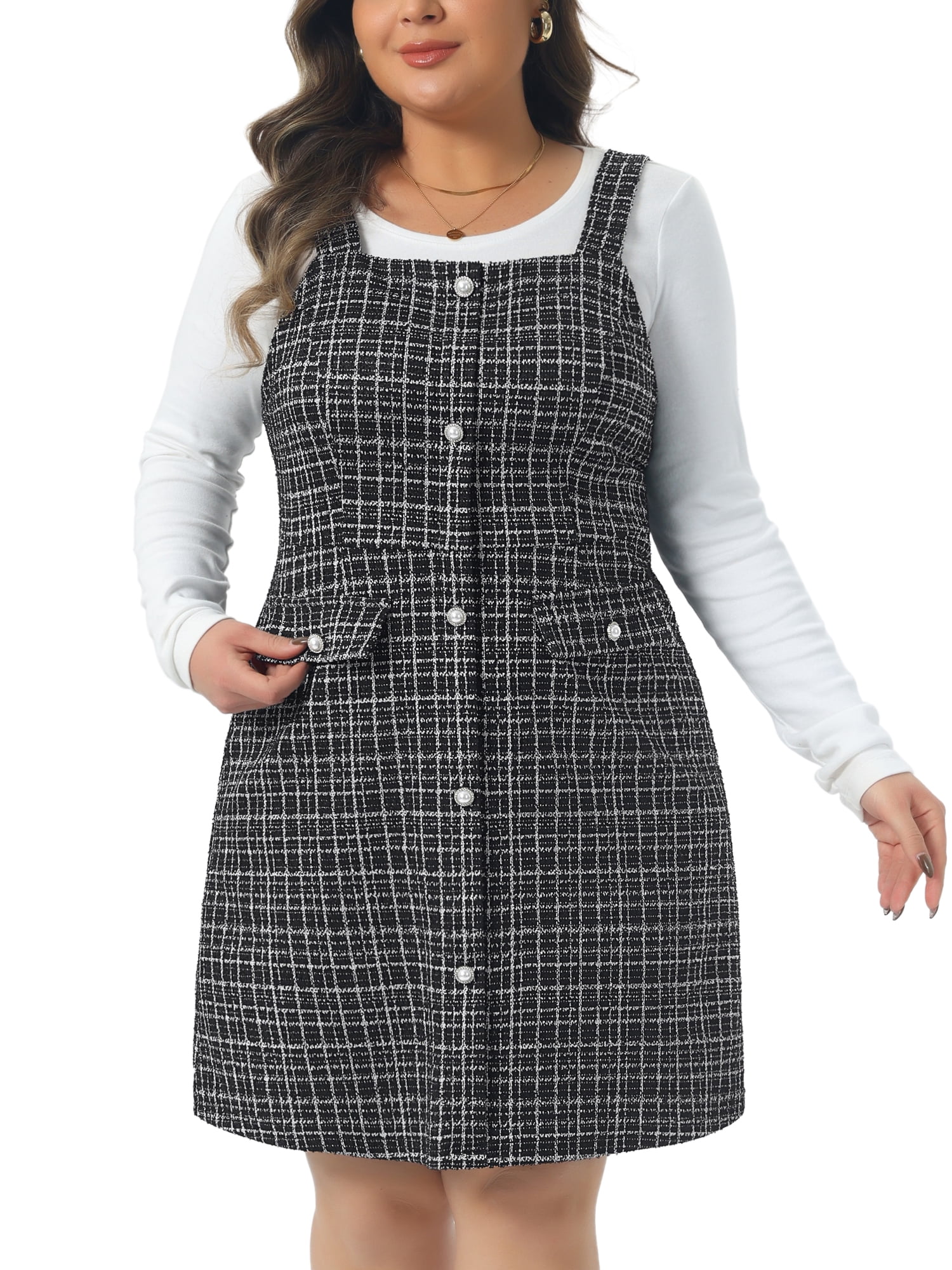 DARING DIVA Plus Size High Waist Tweed Single Breasted Overall Dress 4X Black White