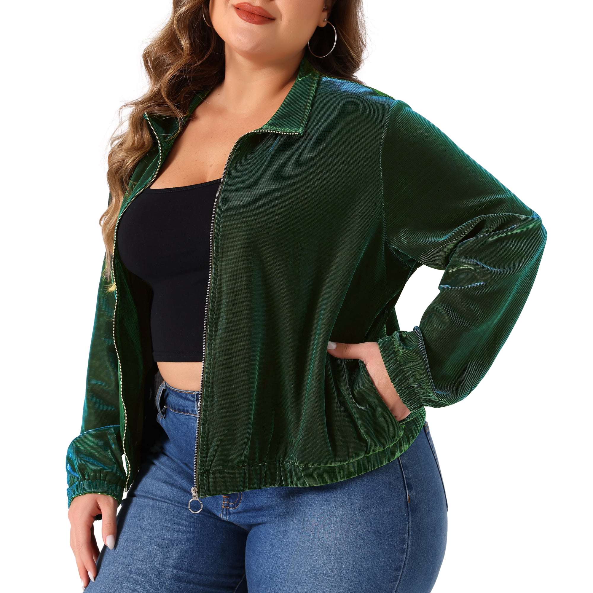 DARING DIVA Plus Size Holographic Long Sleeve Zip Up Mesh Jackets 1X Green
