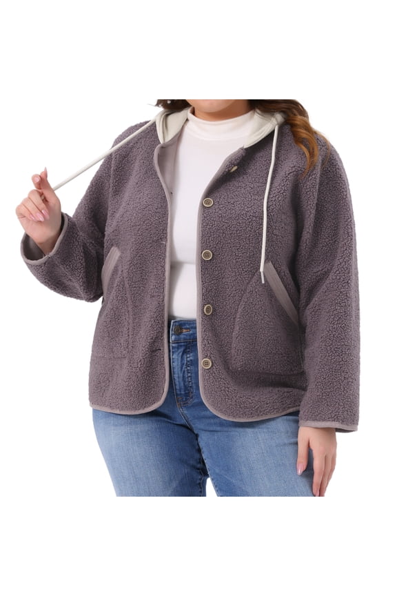 Plus Size Hooded Fleece Pockets Button Closure Jacket 1X Purple