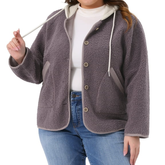 DARING DIVA Plus Size Hooded Fleece Pockets Button Closure Jacket 1X Purple