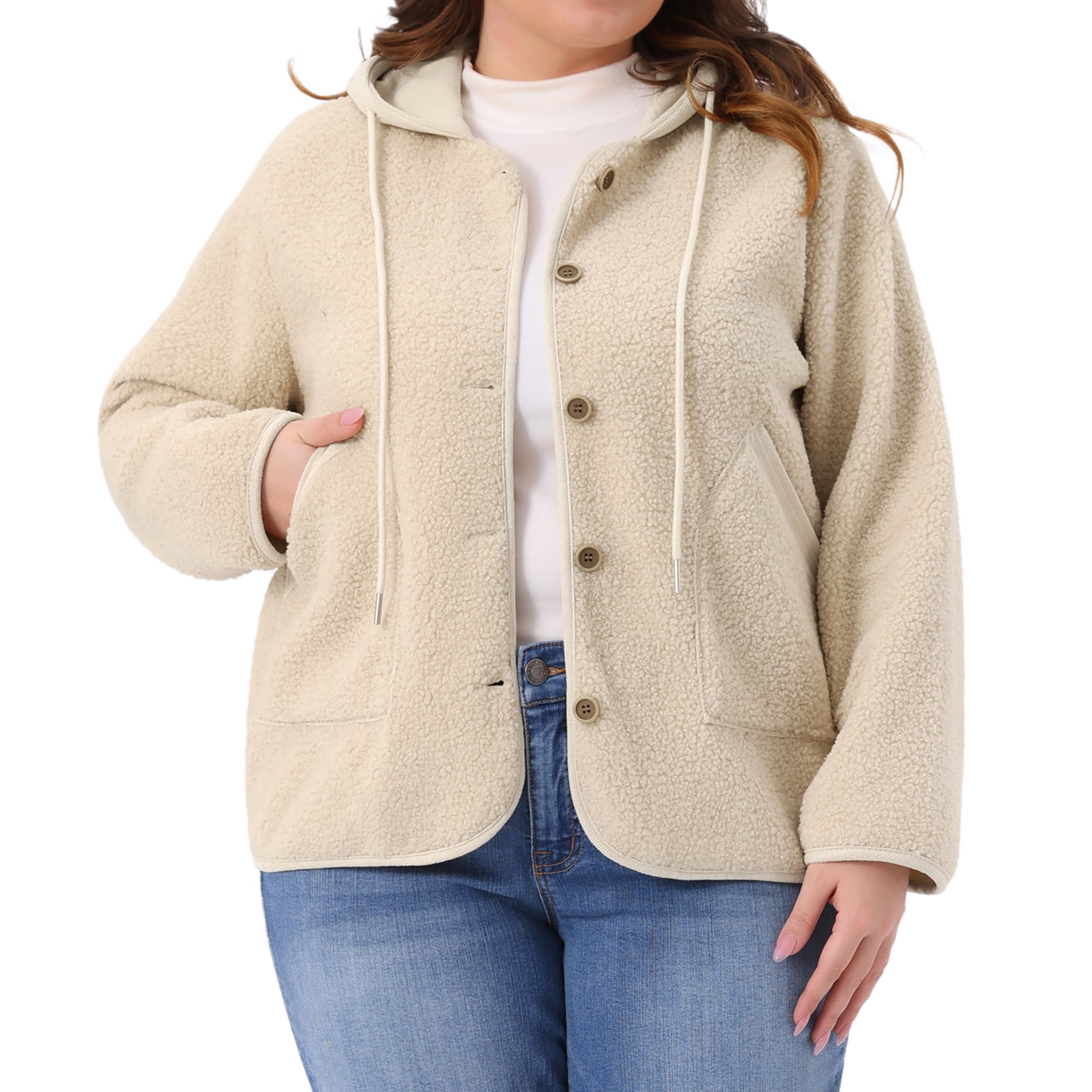 DARING DIVA Plus Size Hooded Fleece Pockets Button Closure Jacket 3X Beige