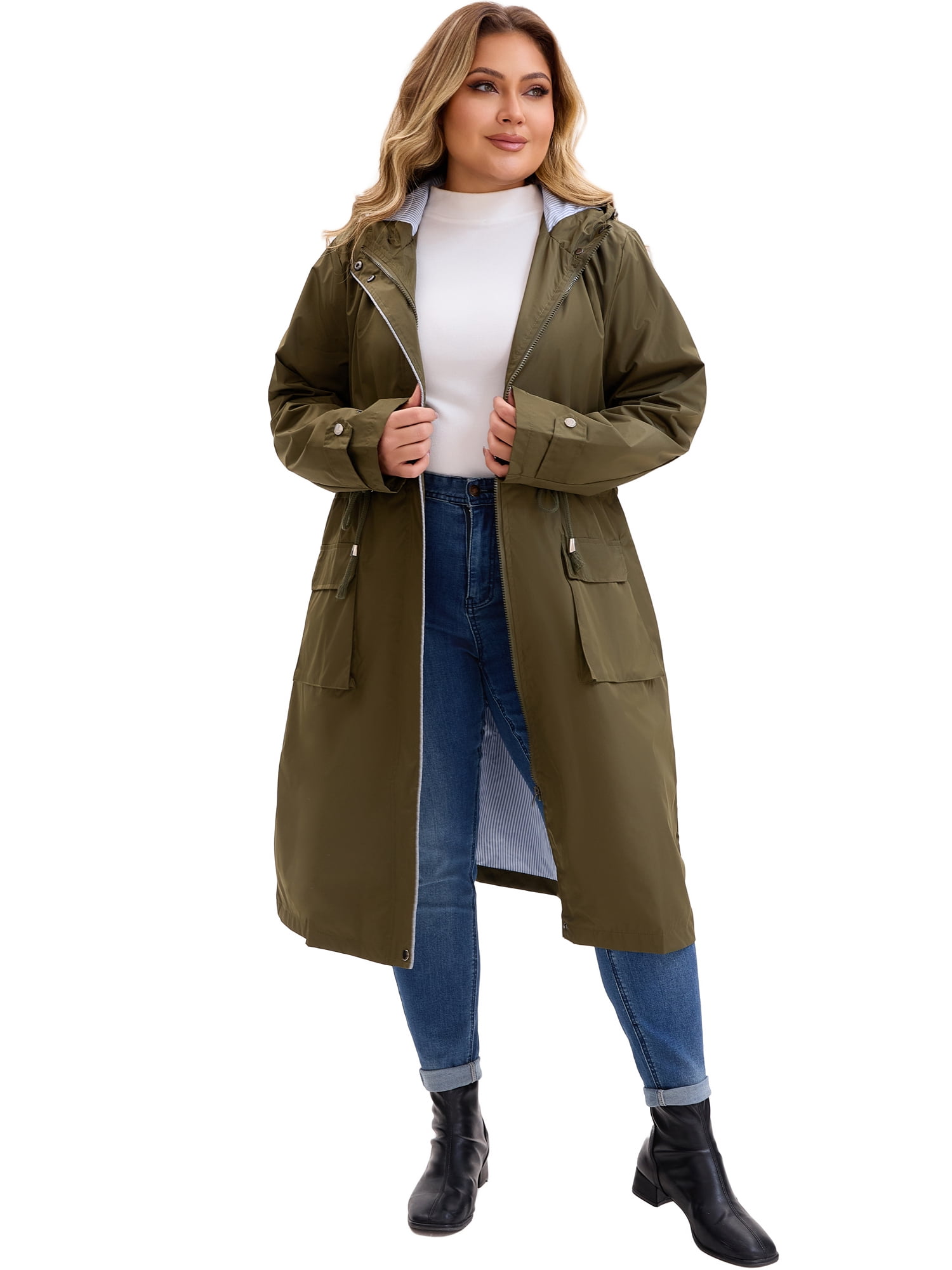 DARING DIVA Plus Size Hooded Long Drawstring Waist Zipper Jacket 2X Army Green