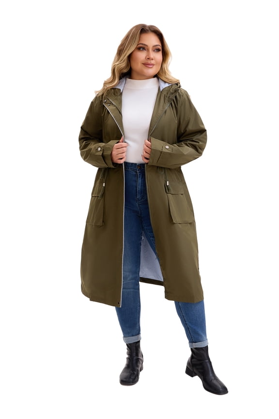 Plus Size Hooded Long Drawstring Waist Zipper Jacket L Army Green