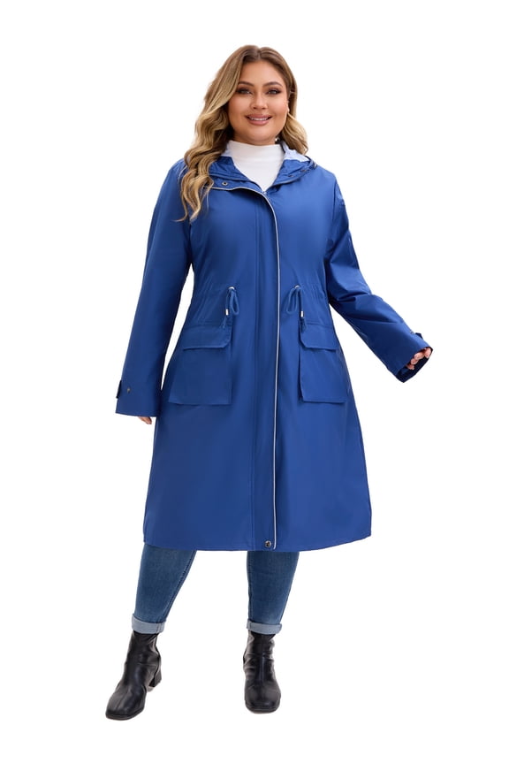 Plus Size Hooded Long Drawstring Waist Zipper Jacket L Navy Blue