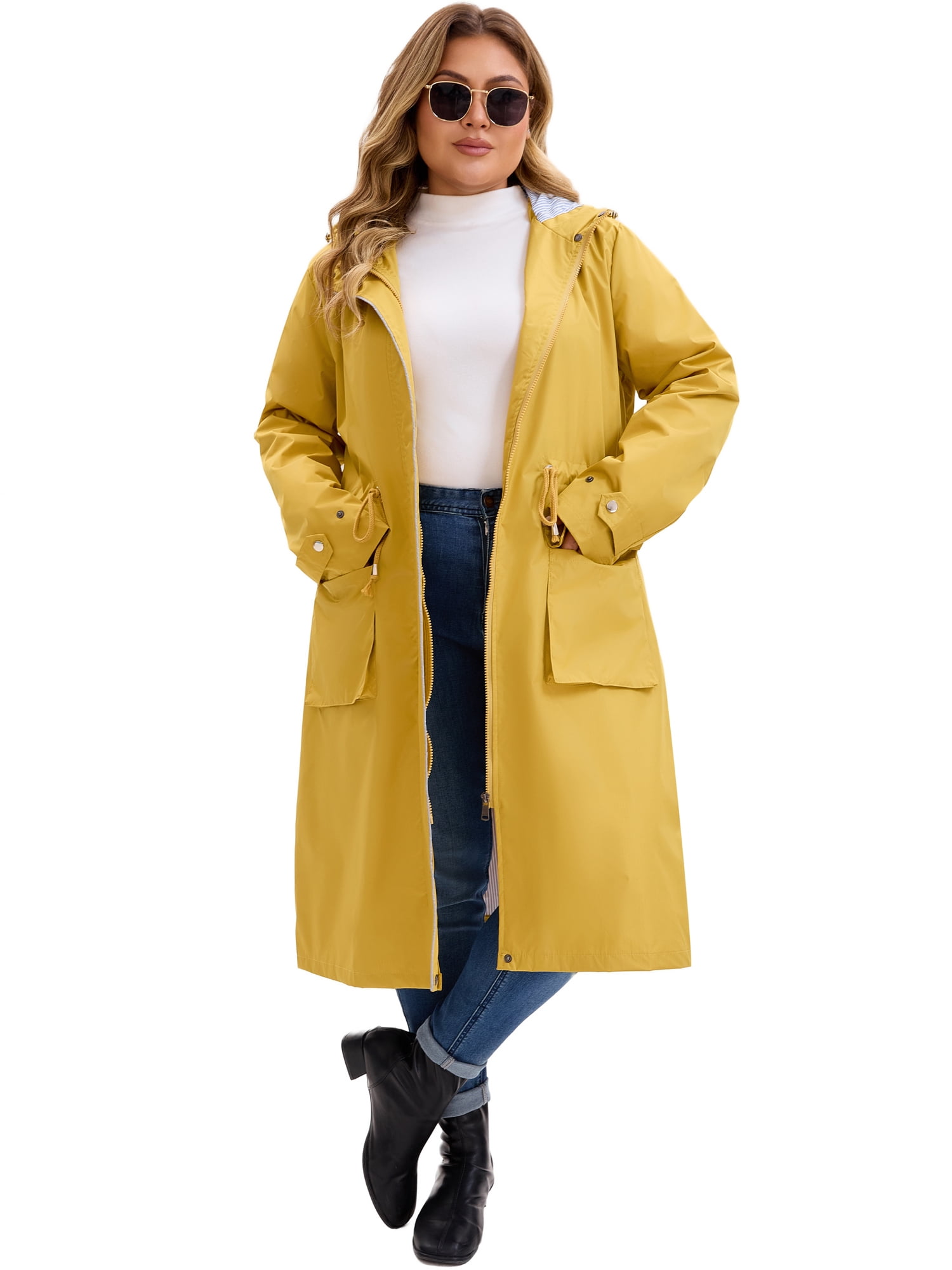 DARING DIVA Plus Size Hooded Long Drawstring Waist Zipper Jacket L Yellow