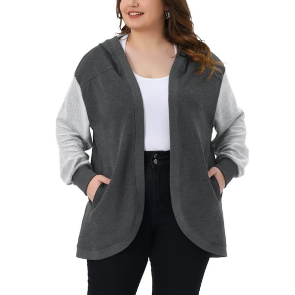 DARING DIVA Plus Size Hooded Open Front Sweatshirt Jacket 4X Dark Grey
