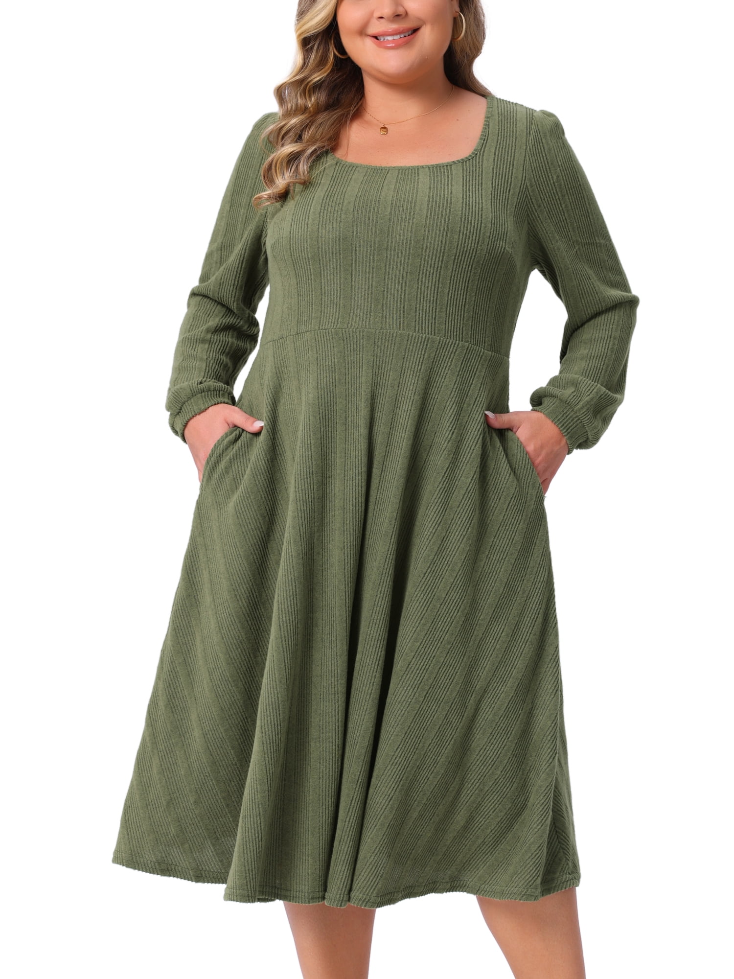 DARING DIVA Plus Size Knit Long Sleeve A Line Midi Pockets Dress 4X Army Green