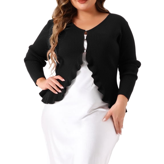 DARING DIVA Plus Size Knit Open Front Ruffled Button Cardigan 2X Black