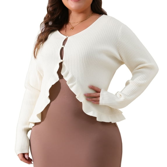DARING DIVA Plus Size Knit Open Front Ruffled Button Cardigan 4X Beige