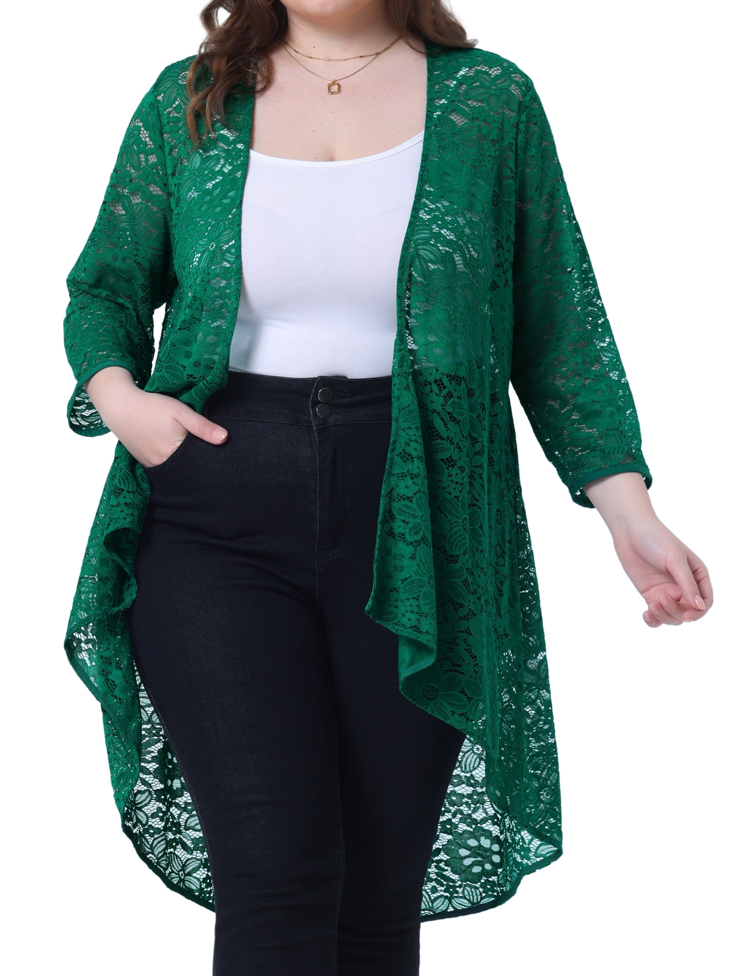 DARING DIVA Plus Size Lace Crochet Sheer Kimono Cover Up Cardigan 1X Green