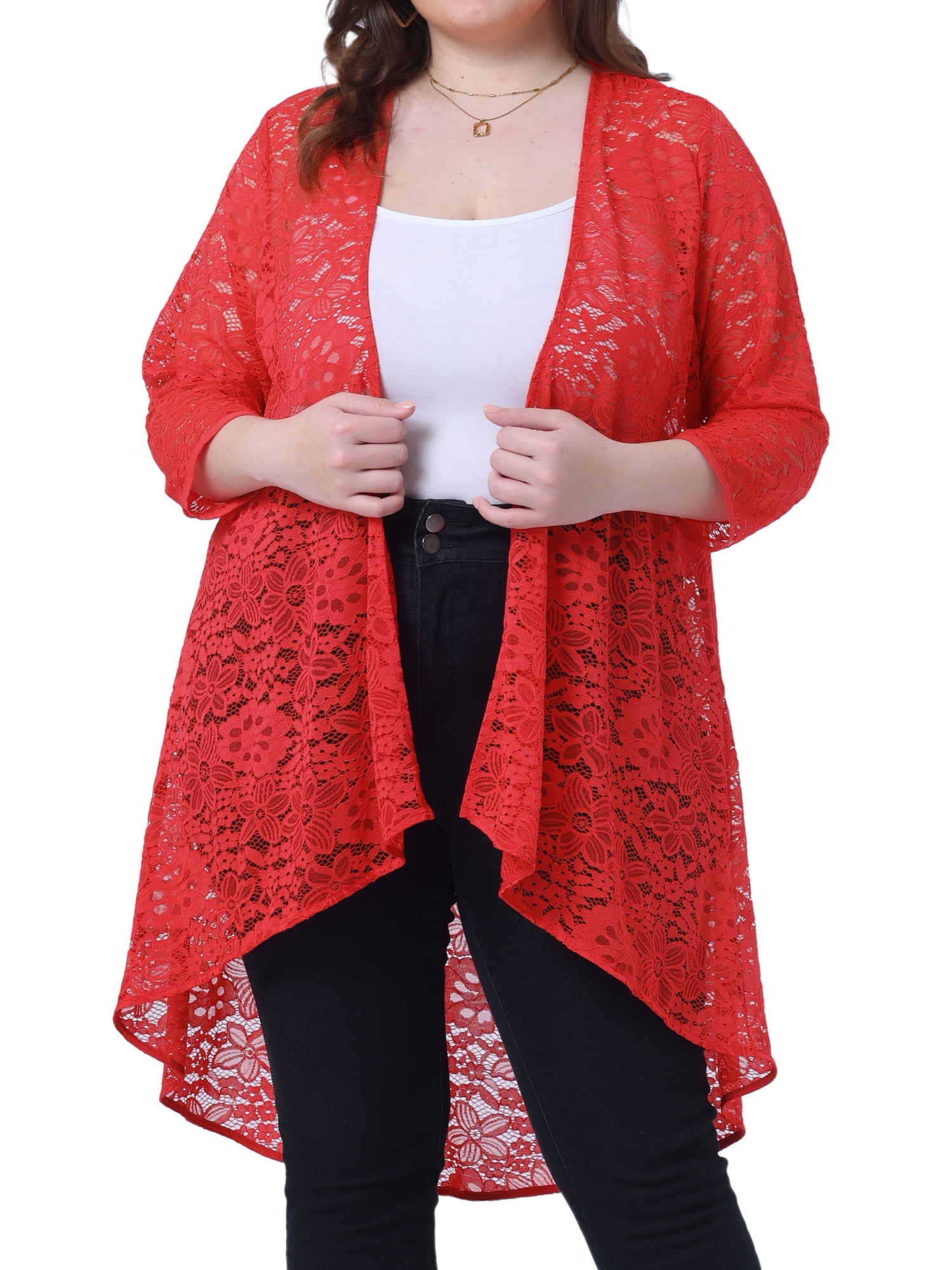 DARING DIVA Plus Size Lace Crochet Sheer Kimono Cover Up Cardigan 3X Red