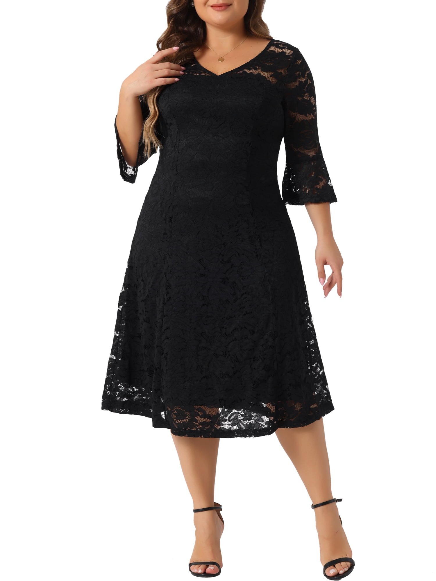 DARING DIVA Plus Size Lace V-Neck 3/4 Sleeve Midi Evening Dress 3X Black