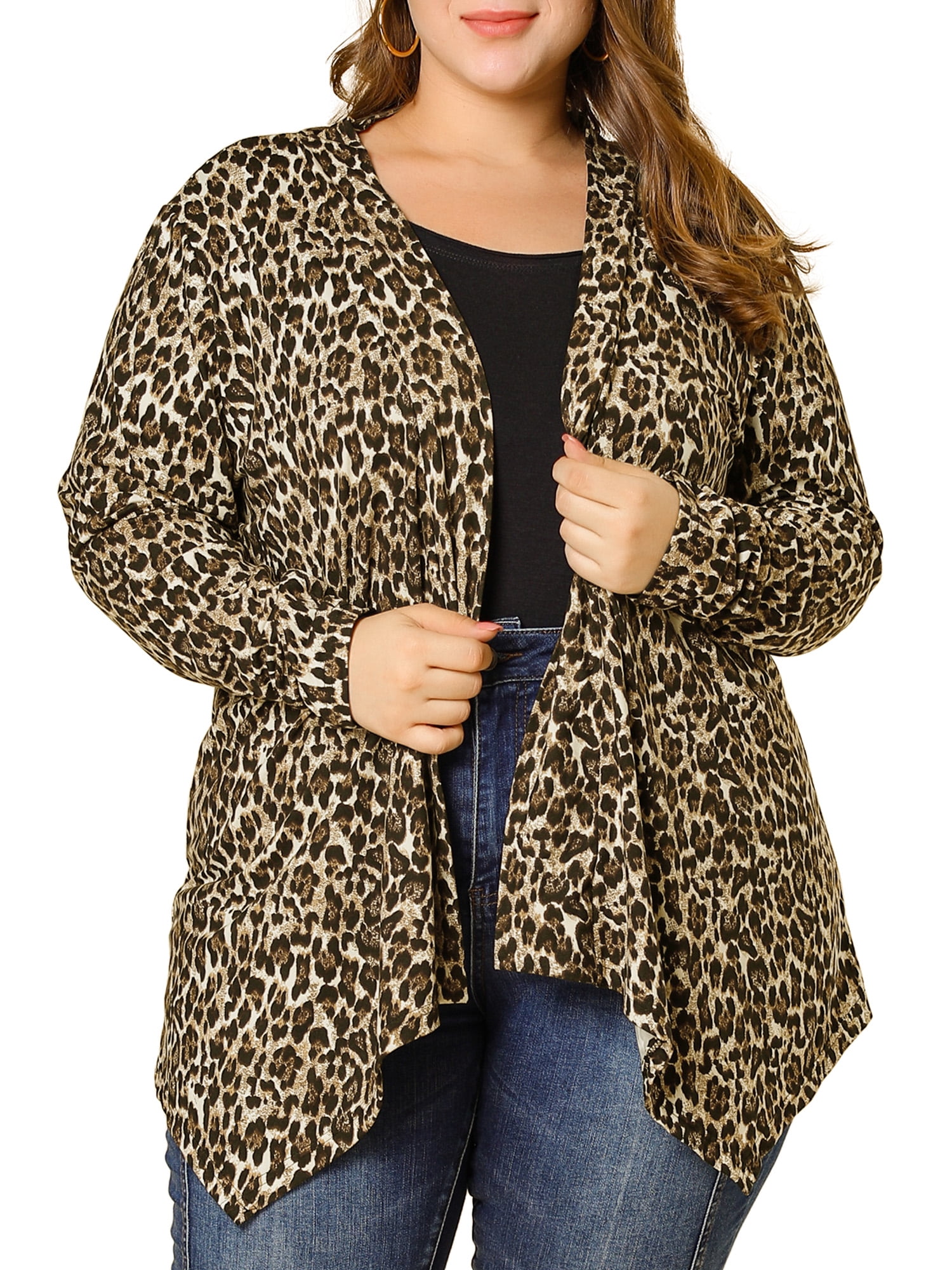 DARING DIVA Women's Plus Size Leopard Print Asymmetric Hem Cardigan 3X Brown