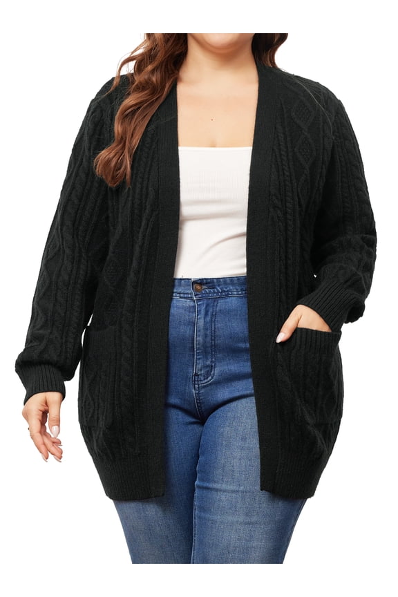 Women's Plus Lightweight Long Sleeve Open Front Sweater 1X Black