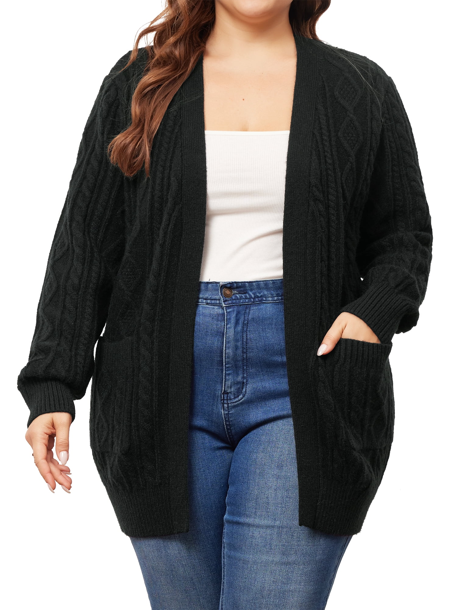 DARING DIVA Women's Plus Lightweight Long Sleeve Open Front Sweater 3X Black