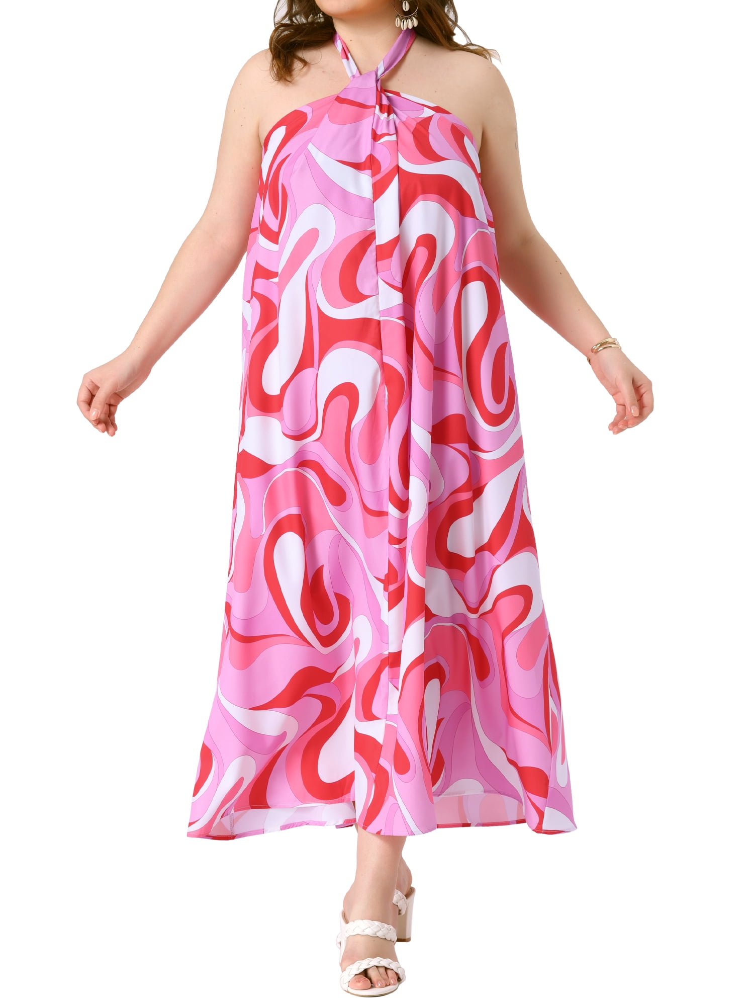 DARING DIVA Plus Size Long Maxi Halter Sleeveless Boho Dress 3X Red Pink