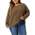 thumbnail image 1 of DARING DIVA Plus Size Long Sleeve Crewneck Fisherman Cable Pullover Sweater 1X Brown, 1 of 6