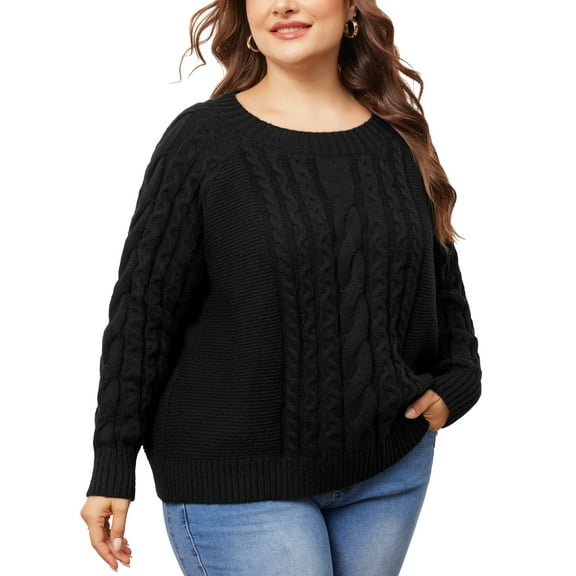 DARING DIVA Plus Size Long Sleeve Crewneck Fisherman Cable Pullover Sweater 4X Black
