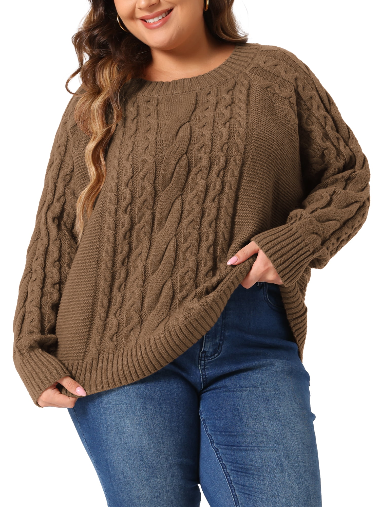 DARING DIVA Plus Size Long Sleeve Crewneck Fisherman Cable Pullover Sweater 4X Brown