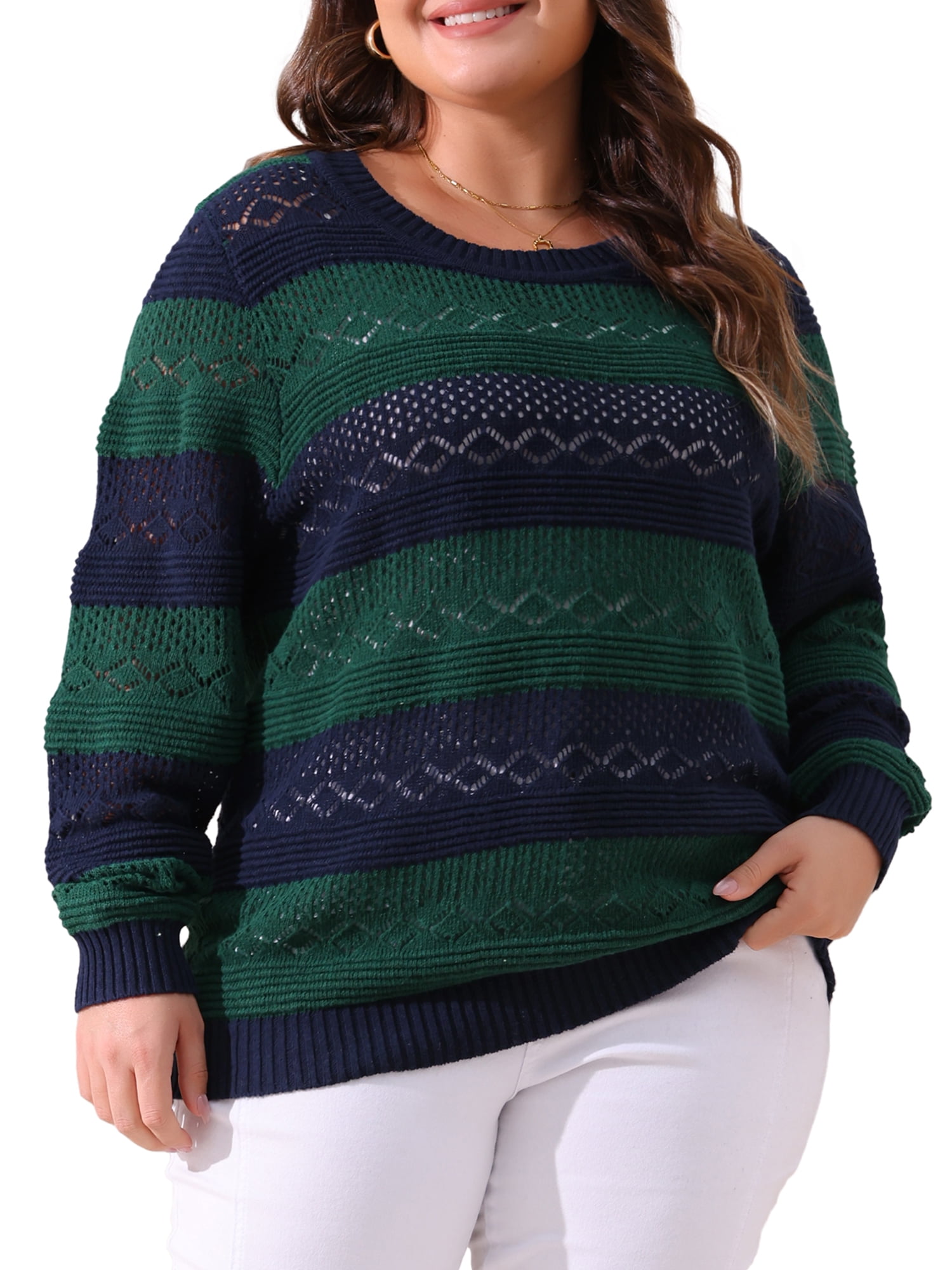 DARING DIVA Plus Size Long Sleeve Crewneck Hollow Knit Pullover 1X Green Blue
