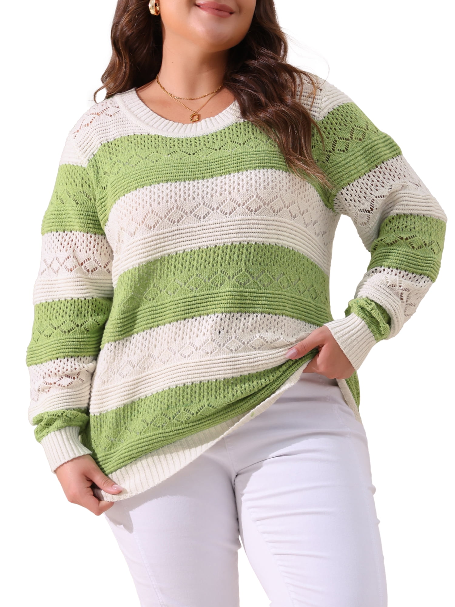 DARING DIVA Plus Size Long Sleeve Crewneck Hollow Knit Pullover 2X Green White