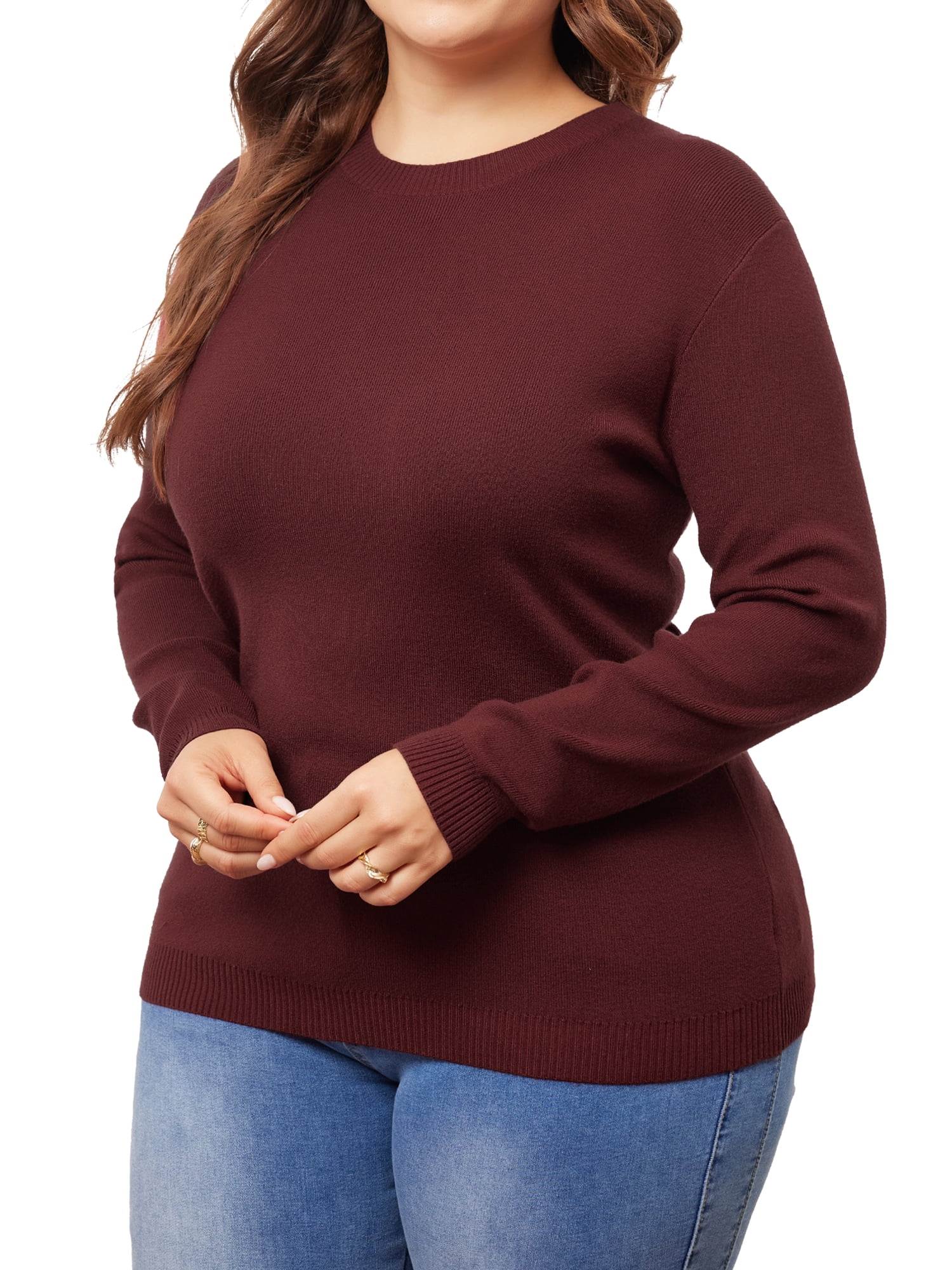 DARING DIVA Plus Size Long Sleeve Crewneck Sweater Fall Casual Tops 4X Burgundy