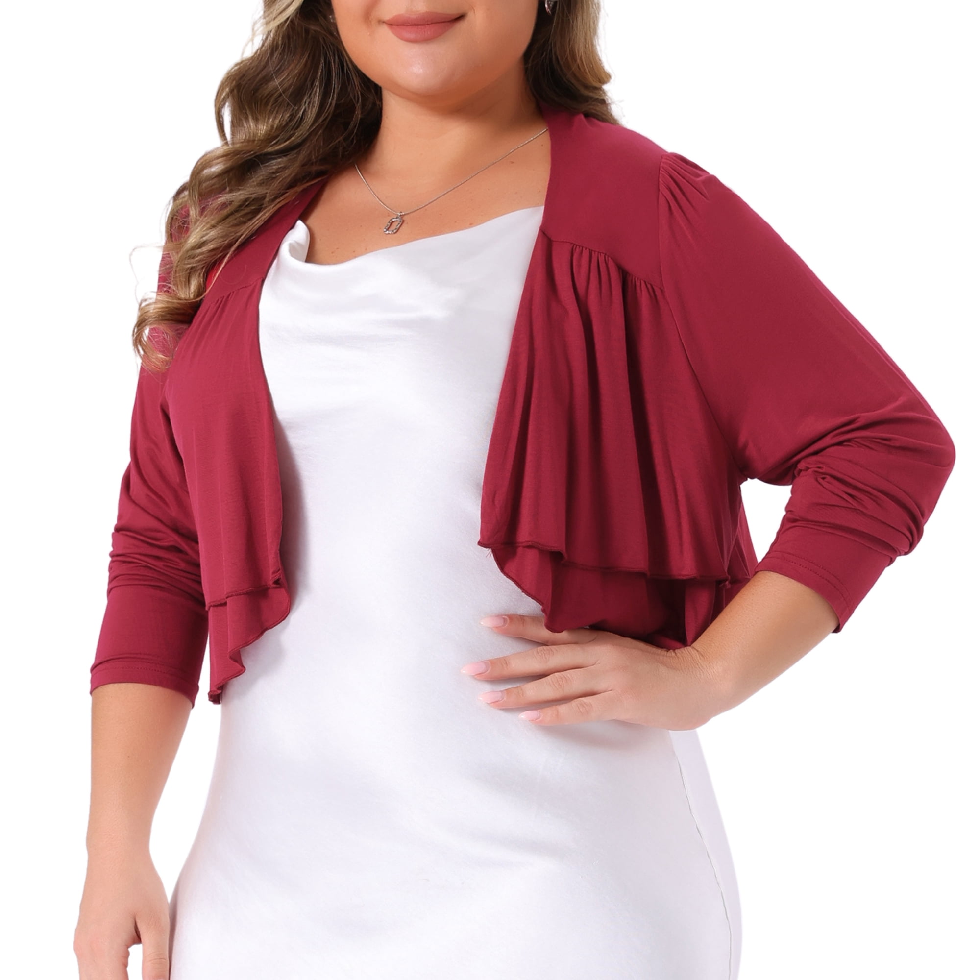 DARING DIVA Plus Size Long Sleeve Cropped Cardigans Shrugs Bolero 2X Burgundy