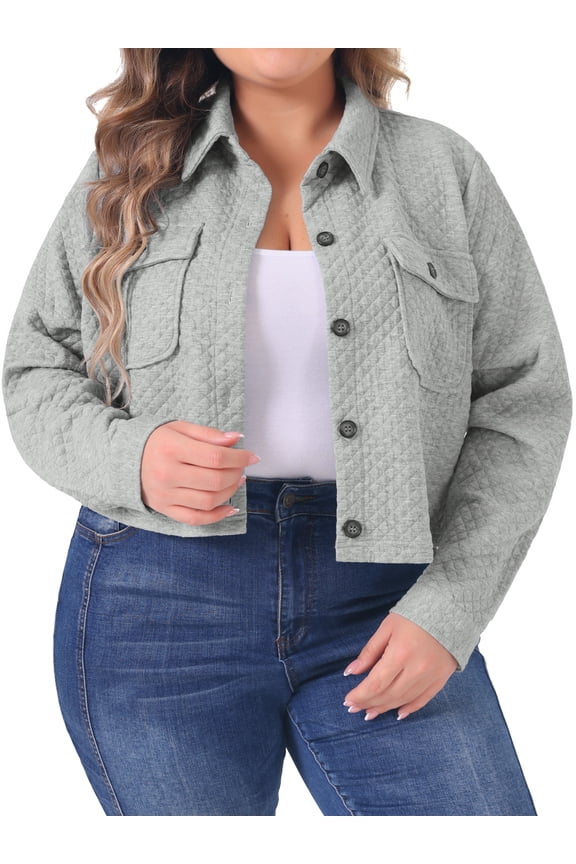 Plus Size Long Sleeve Cropped Shirt Jacket 2X Gray