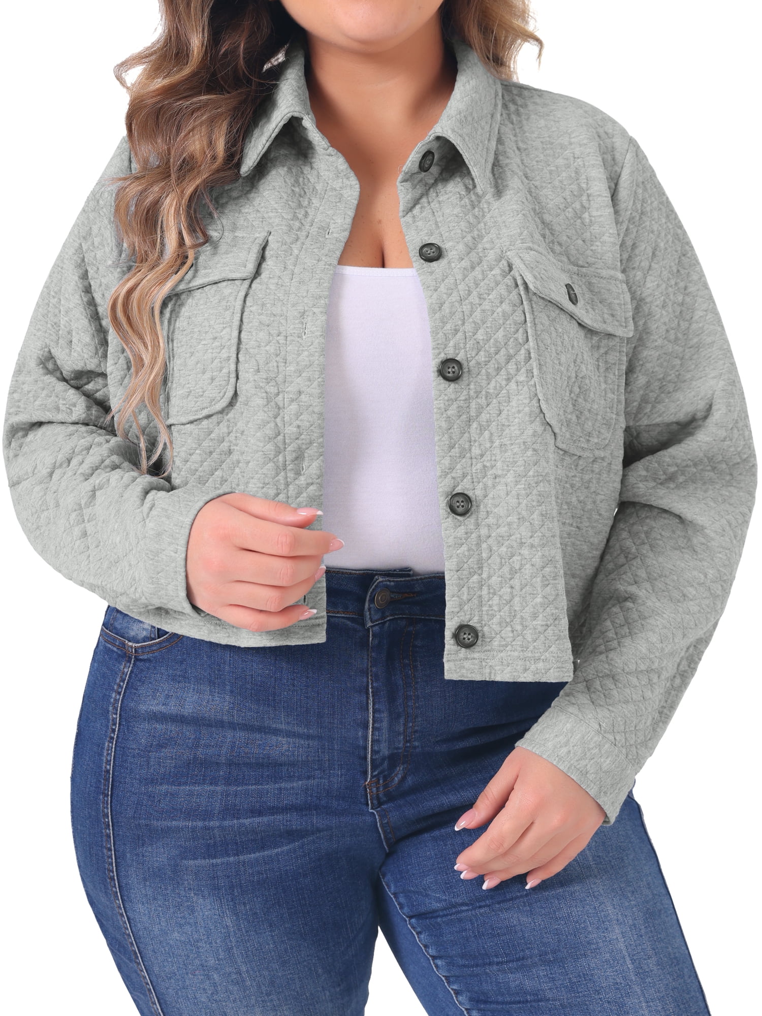 DARING DIVA Plus Size Long Sleeve Cropped Shirt Jacket 3X Gray