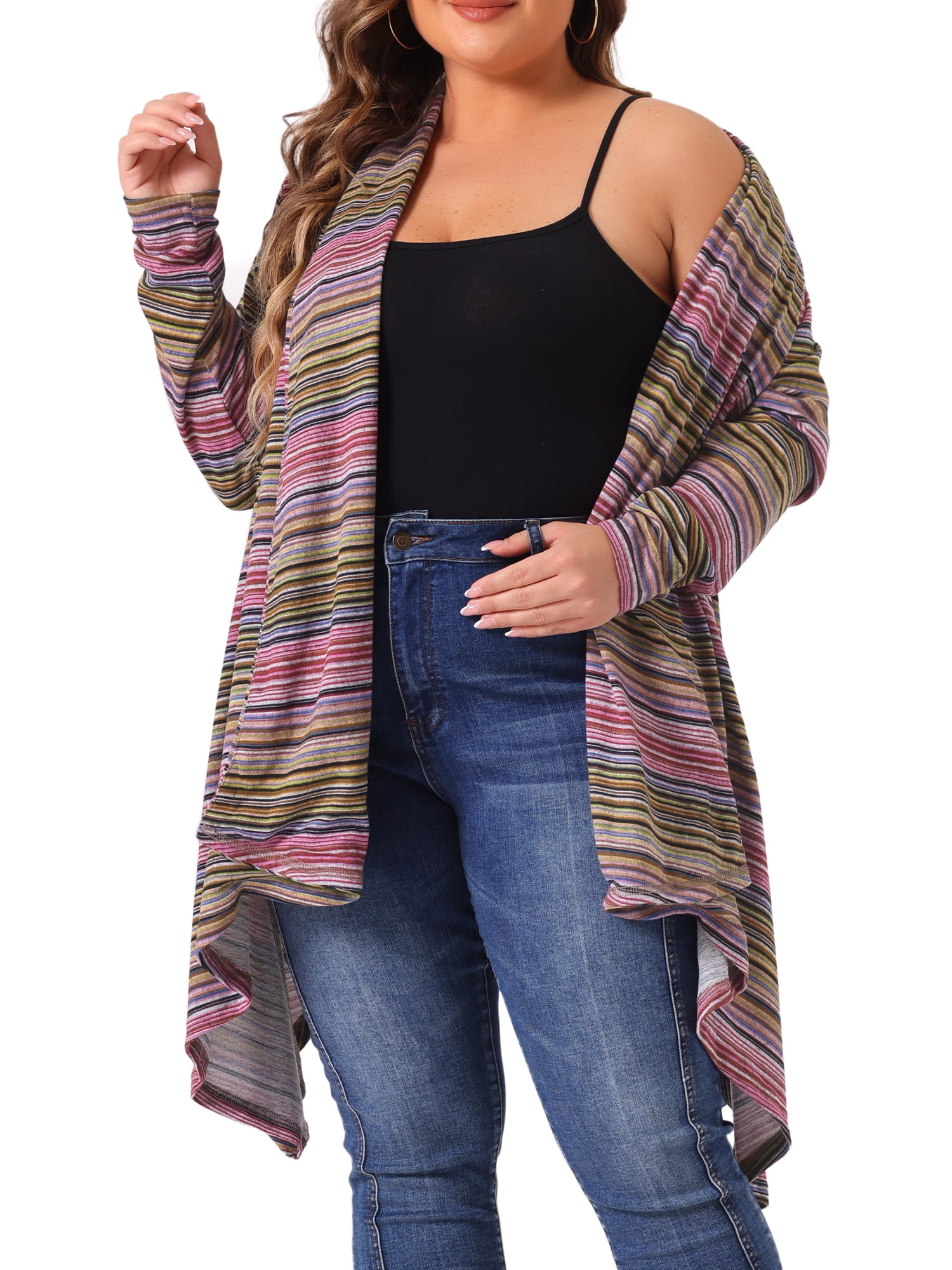 DARING DIVA Plus Size Long Sleeve Open Front Knit Stripe Cardigan 1X Purple