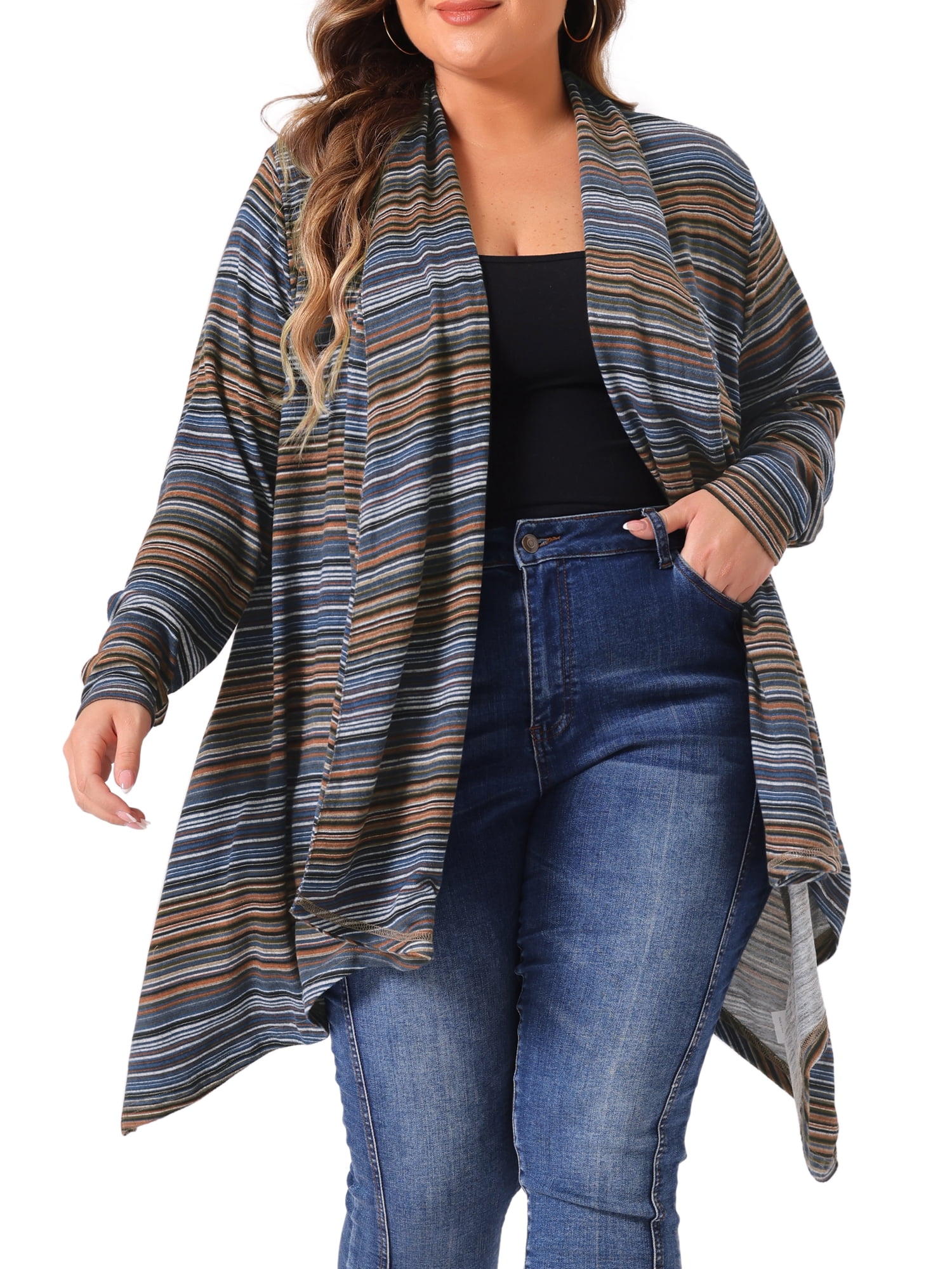 DARING DIVA Plus Size Long Sleeve Open Front Knit Stripe Cardigan 3X Blue