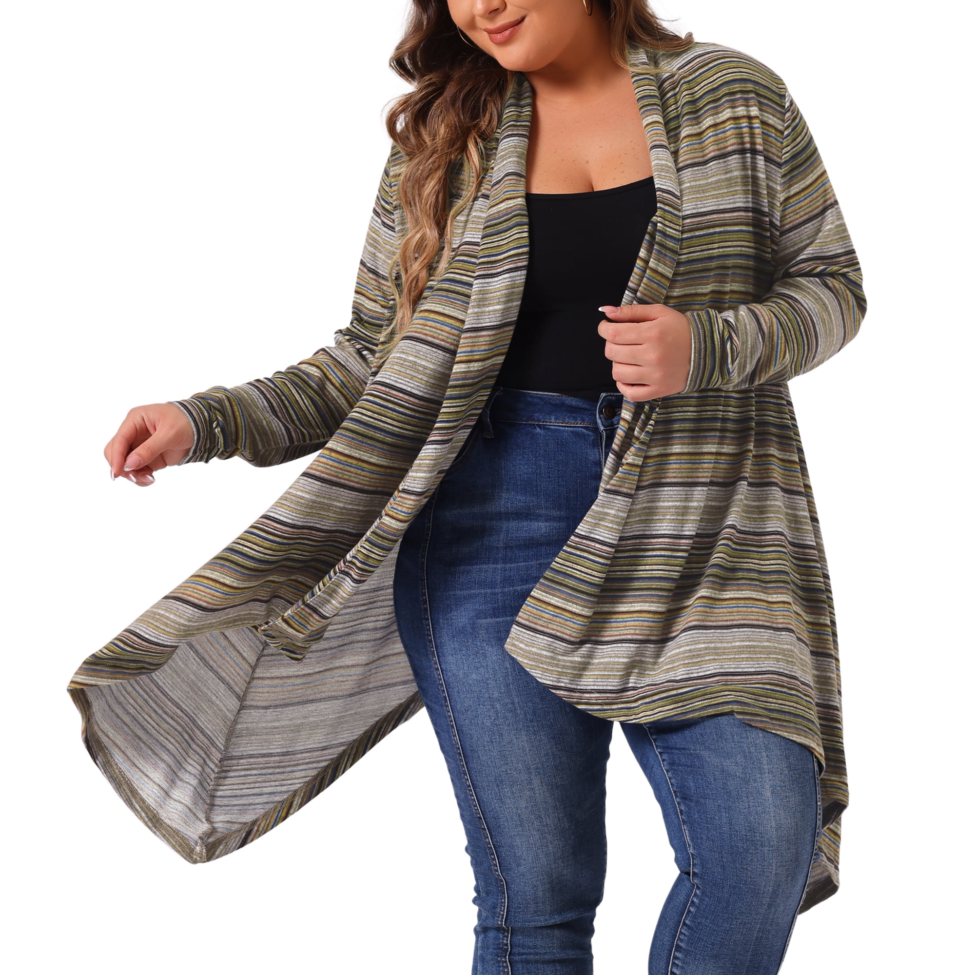 DARING DIVA Plus Size Long Sleeve Open Front Knit Stripe Cardigan 3X Green
