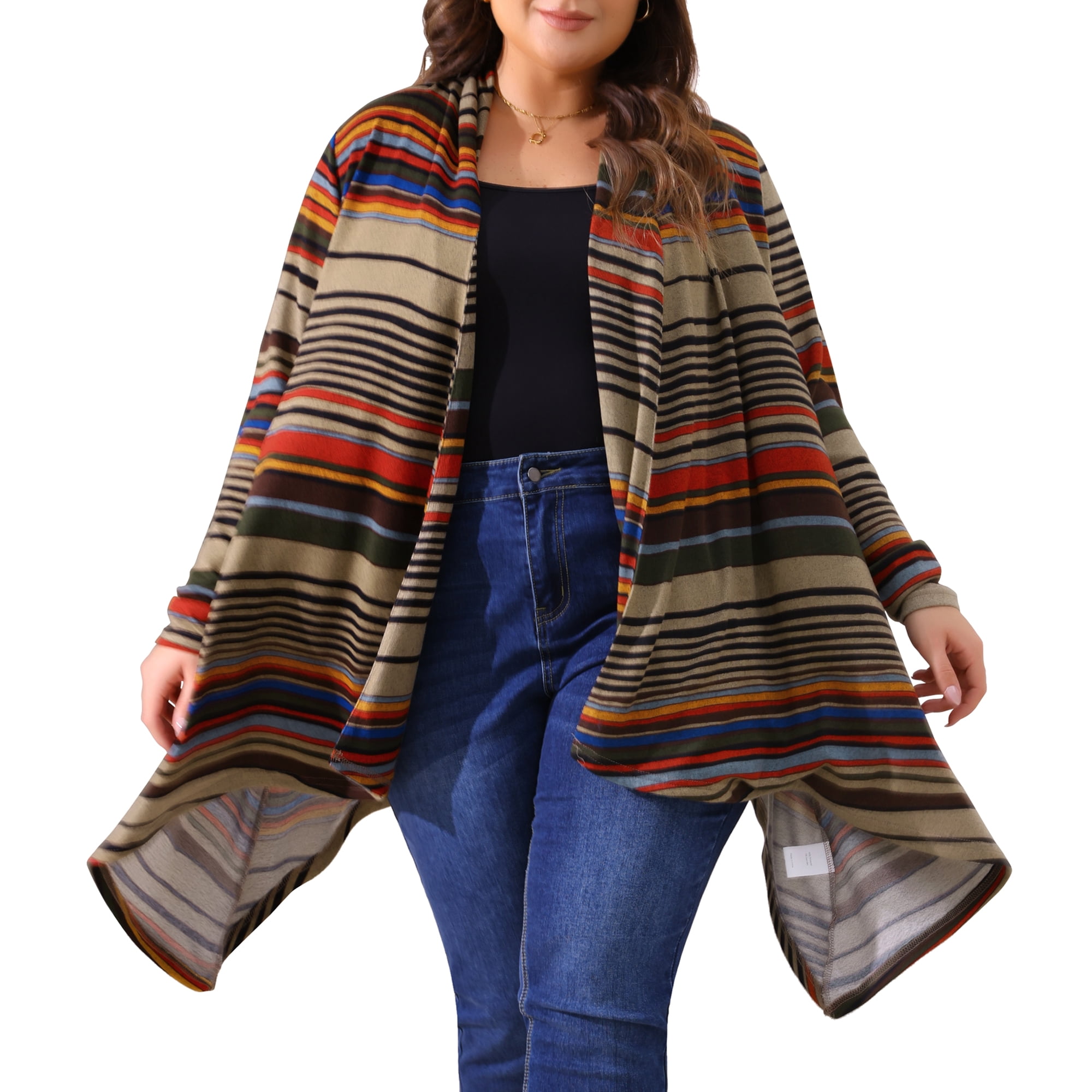 DARING DIVA Plus Size Long Sleeve Open Front Knit Stripe Cardigan 4X Beige
