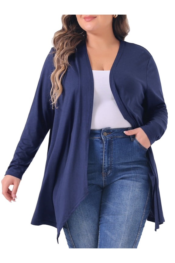 Plus Size Long Sleeve Open Front Lightweight Cardigan 1X Dark Blue