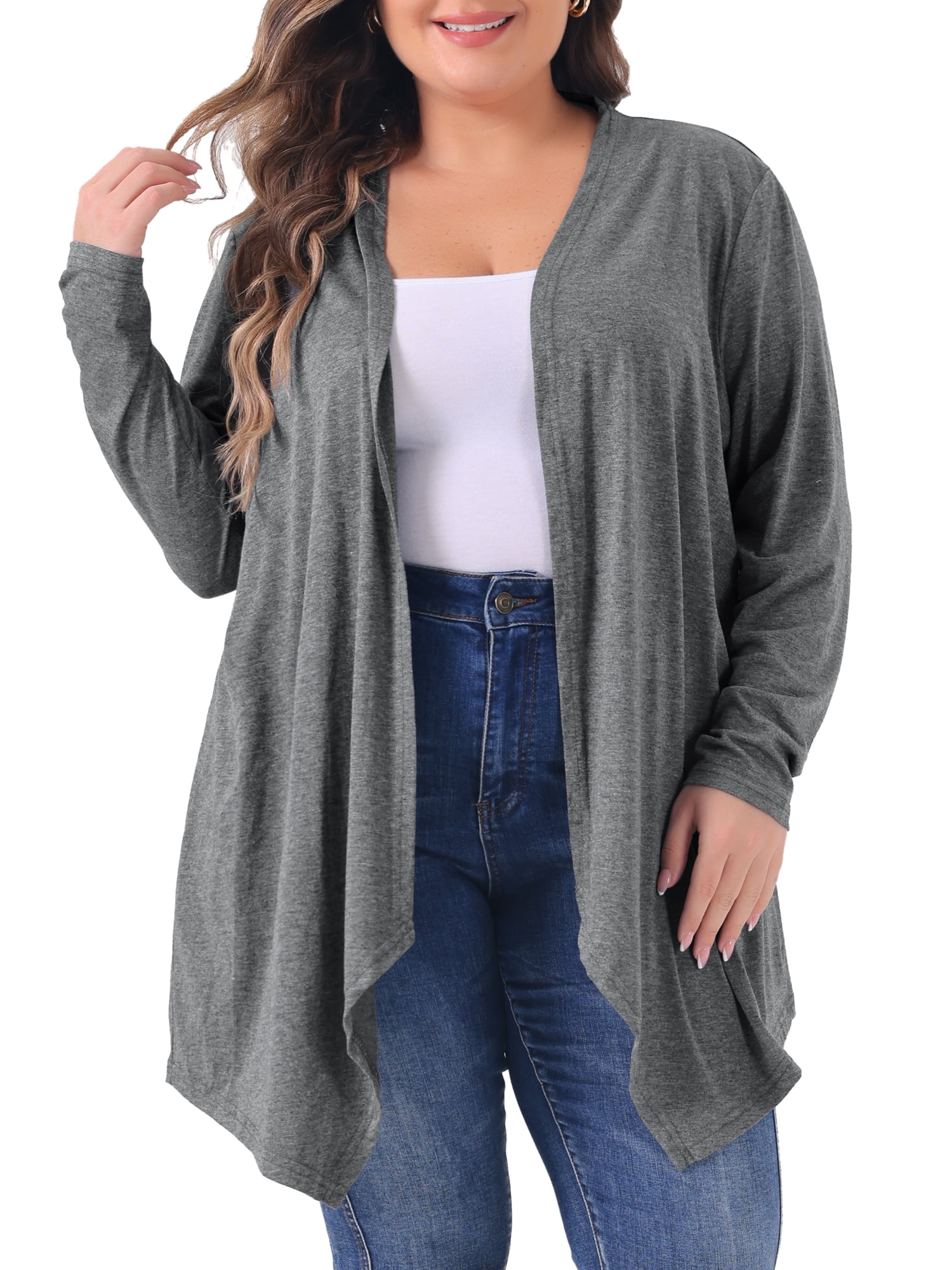 DARING DIVA Plus Size Long Sleeve Open Front Lightweight Cardigan 1X Grey