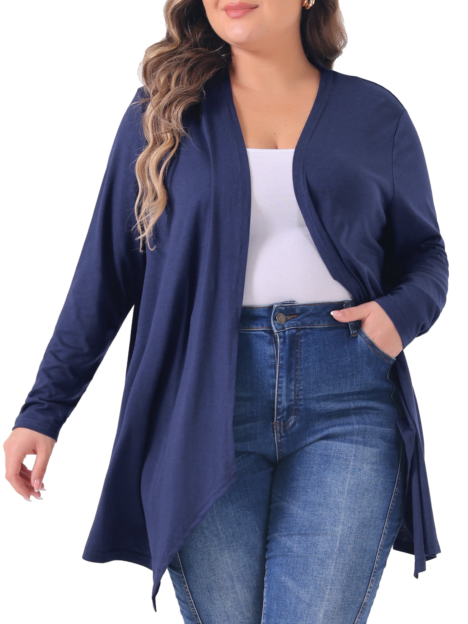 DARING DIVA Plus Size Long Sleeve Open Front Lightweight Cardigan 4X Dark Blue