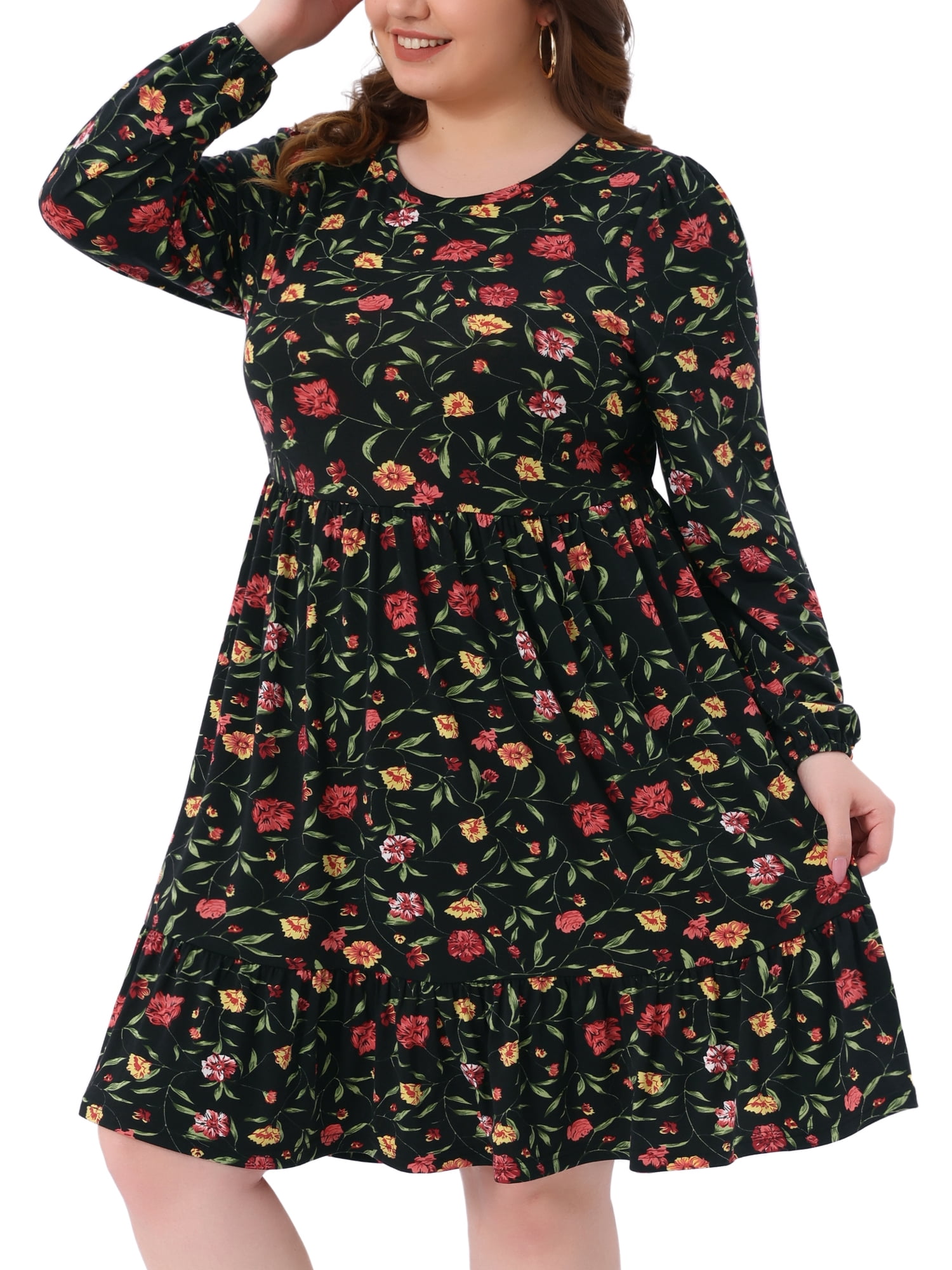 DARING DIVA Plus Size Long Sleeve Pleated Tiered Floral Dress 3X Black