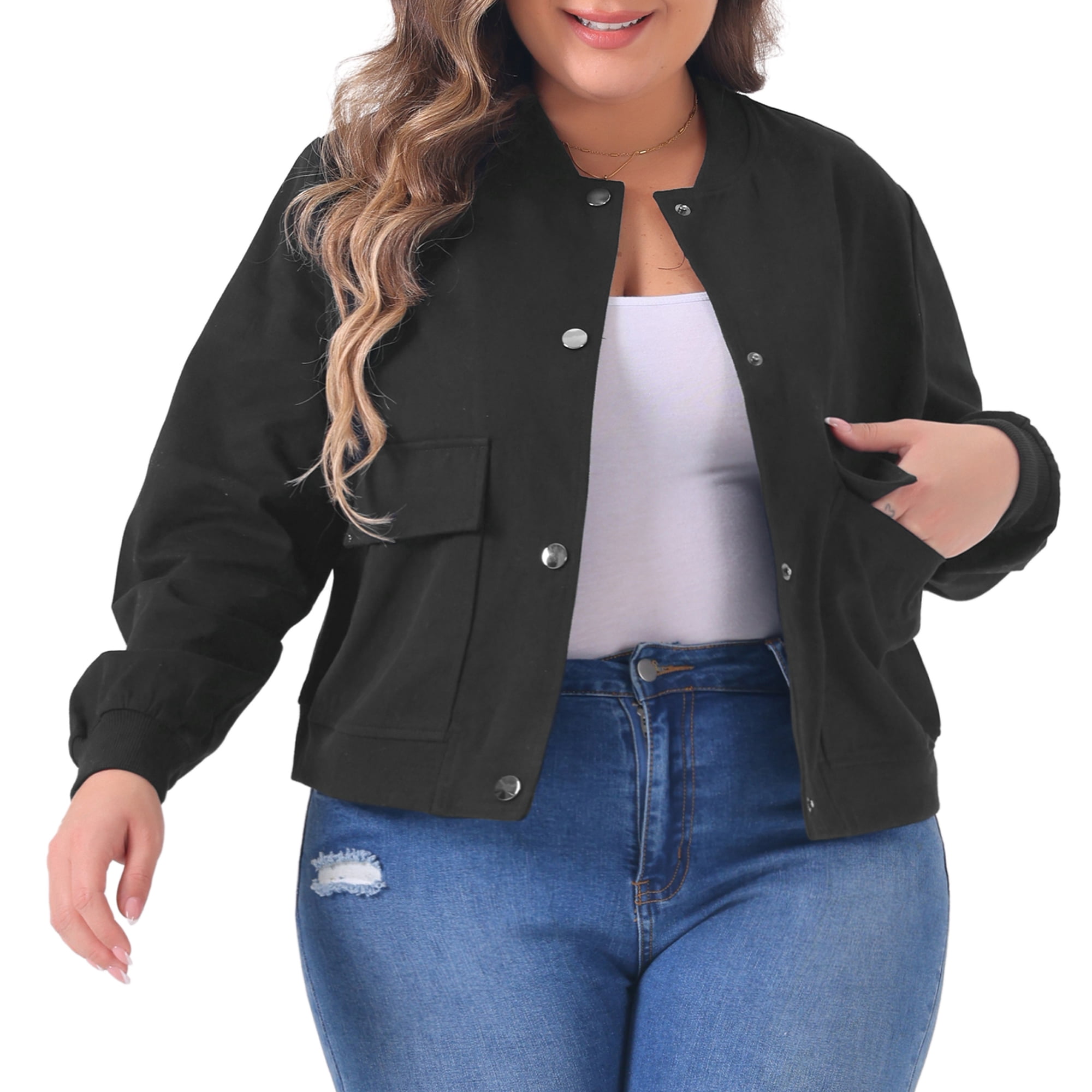 DARING DIVA Plus Size Long Sleeve Stand Collar Button Down Jacket 4X Black