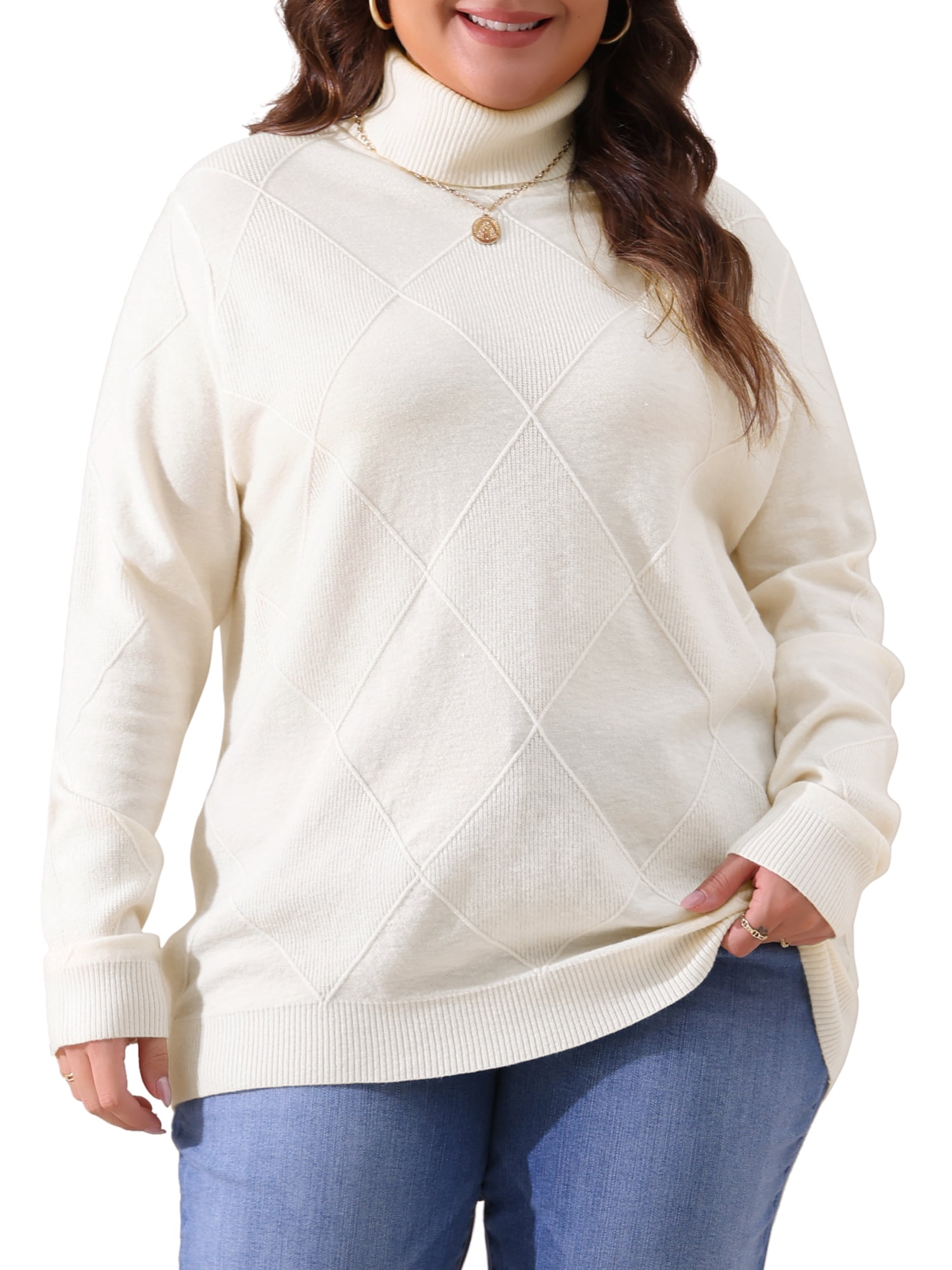 DARING DIVA Plus Size Long Sleeve Turtleneck Novelty Sweater 1X Cream White