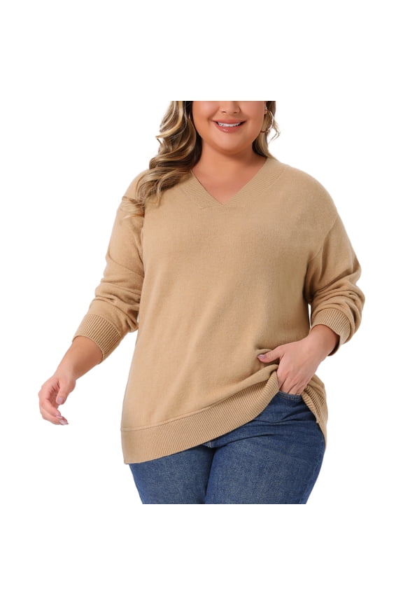 Plus Size Long Sleeve V Neck Knit Pullover Sweater 2X Khaki