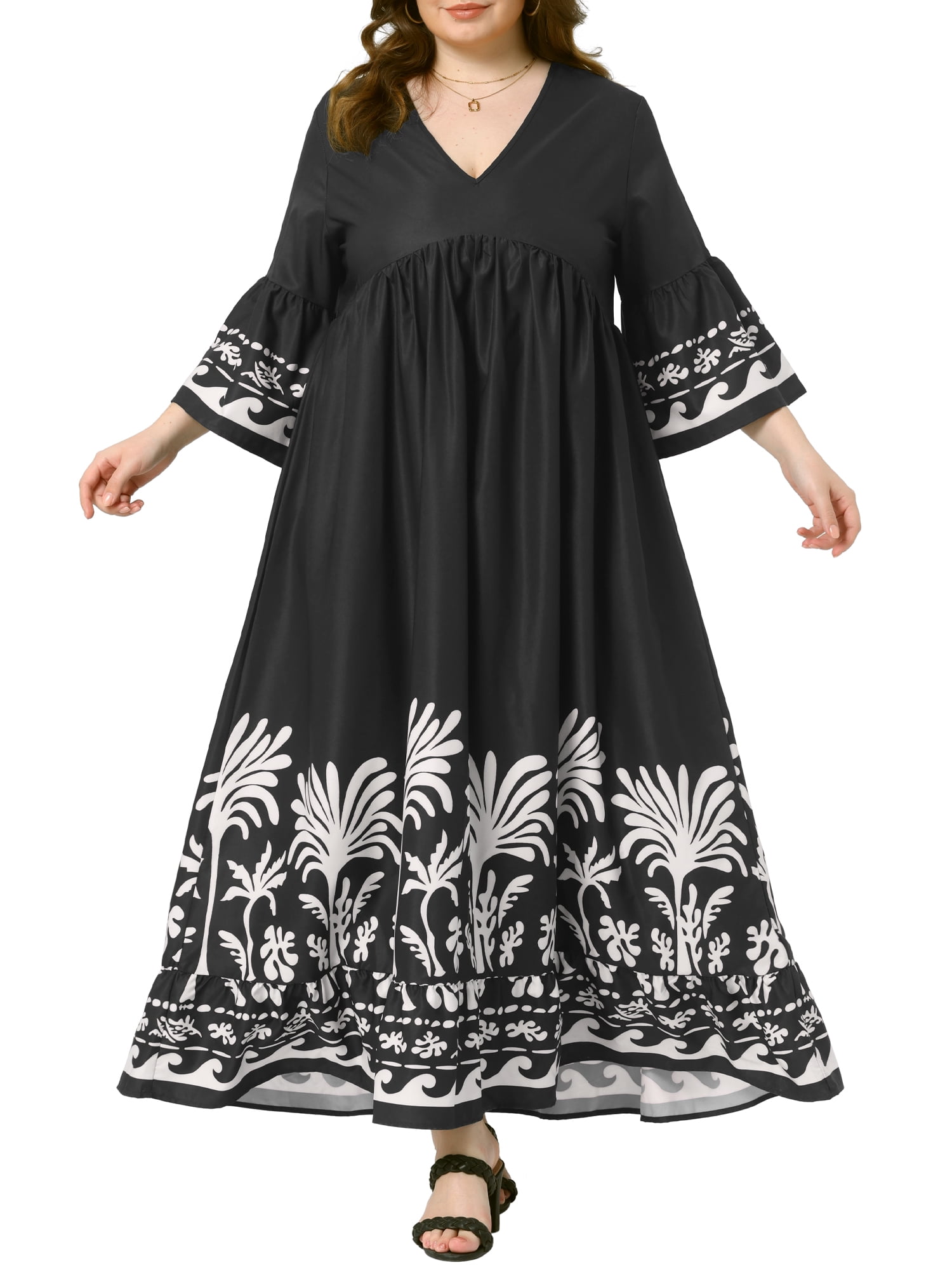 DARING DIVA Plus Size Maxi V Neck Babydoll 3/4 Flare Sleeve Dress 1X Black