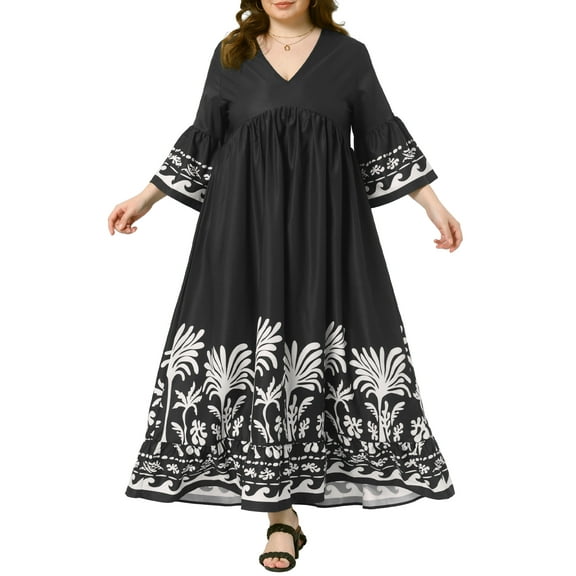 DARING DIVA Plus Size Maxi V Neck Babydoll 3/4 Flare Sleeve Dress 1X Black
