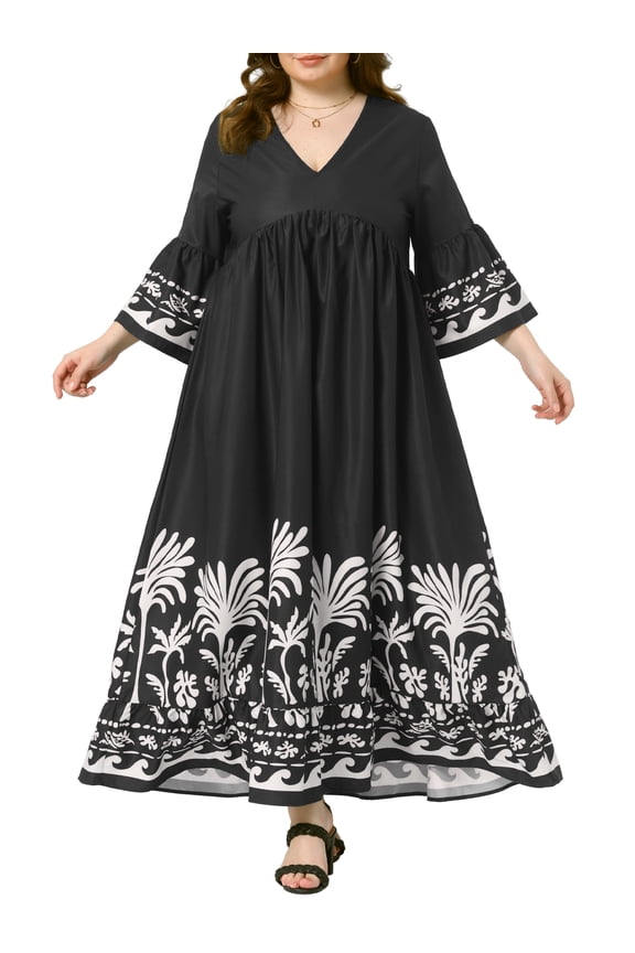Plus Size Maxi V Neck Babydoll 3/4 Flare Sleeve Dress 3X Black