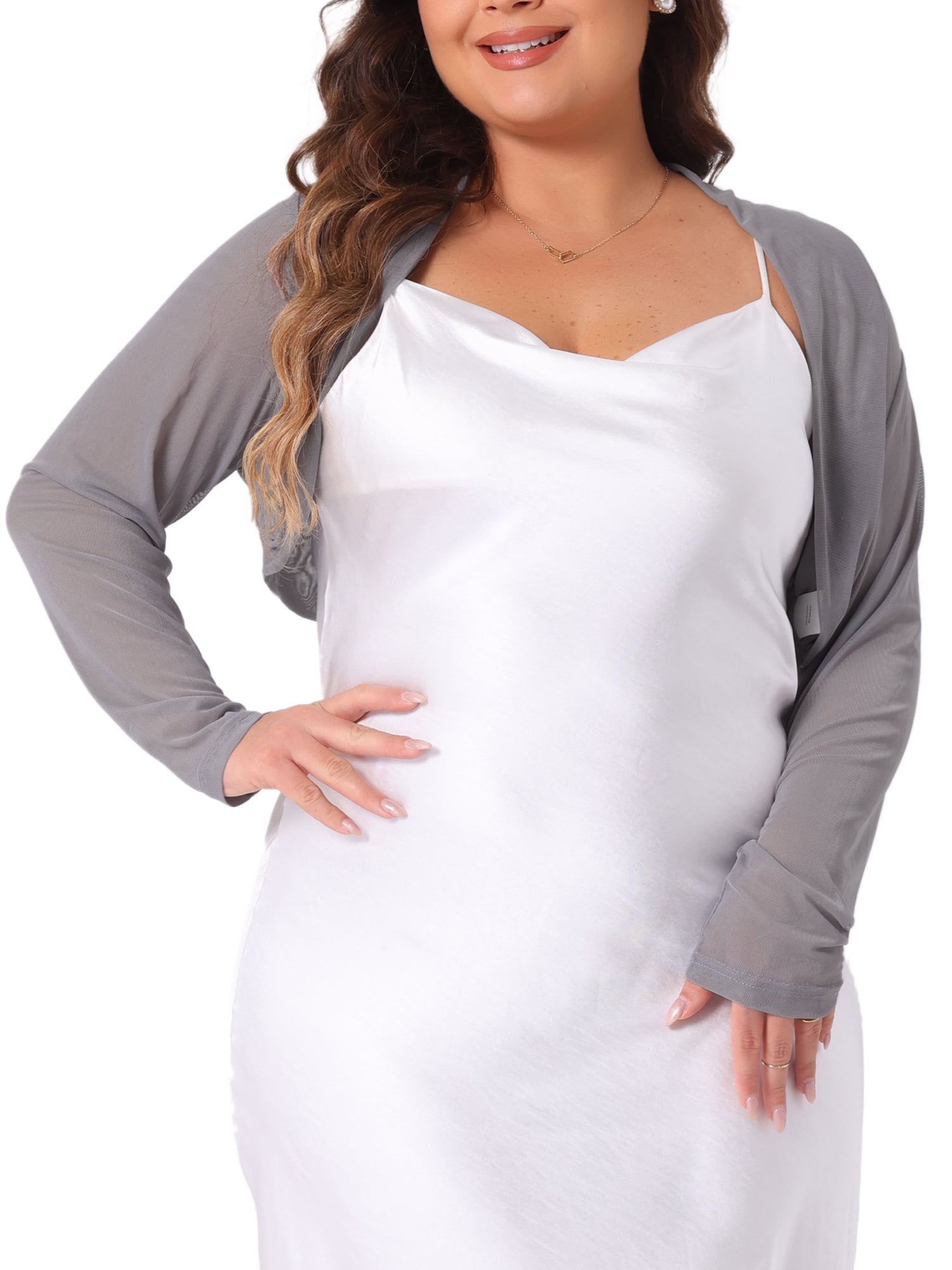 DARING DIVA Women's Plus Size Mesh Crop Long Sleeve Sheer Bolero Shrug Top 1X Gray