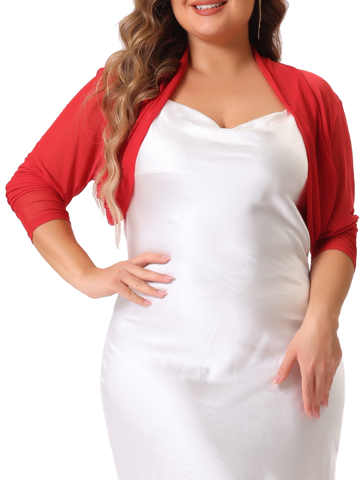DARING DIVA Women's Plus Size Mesh Crop Long Sleeve Sheer Bolero Shrug Top 2X Red
