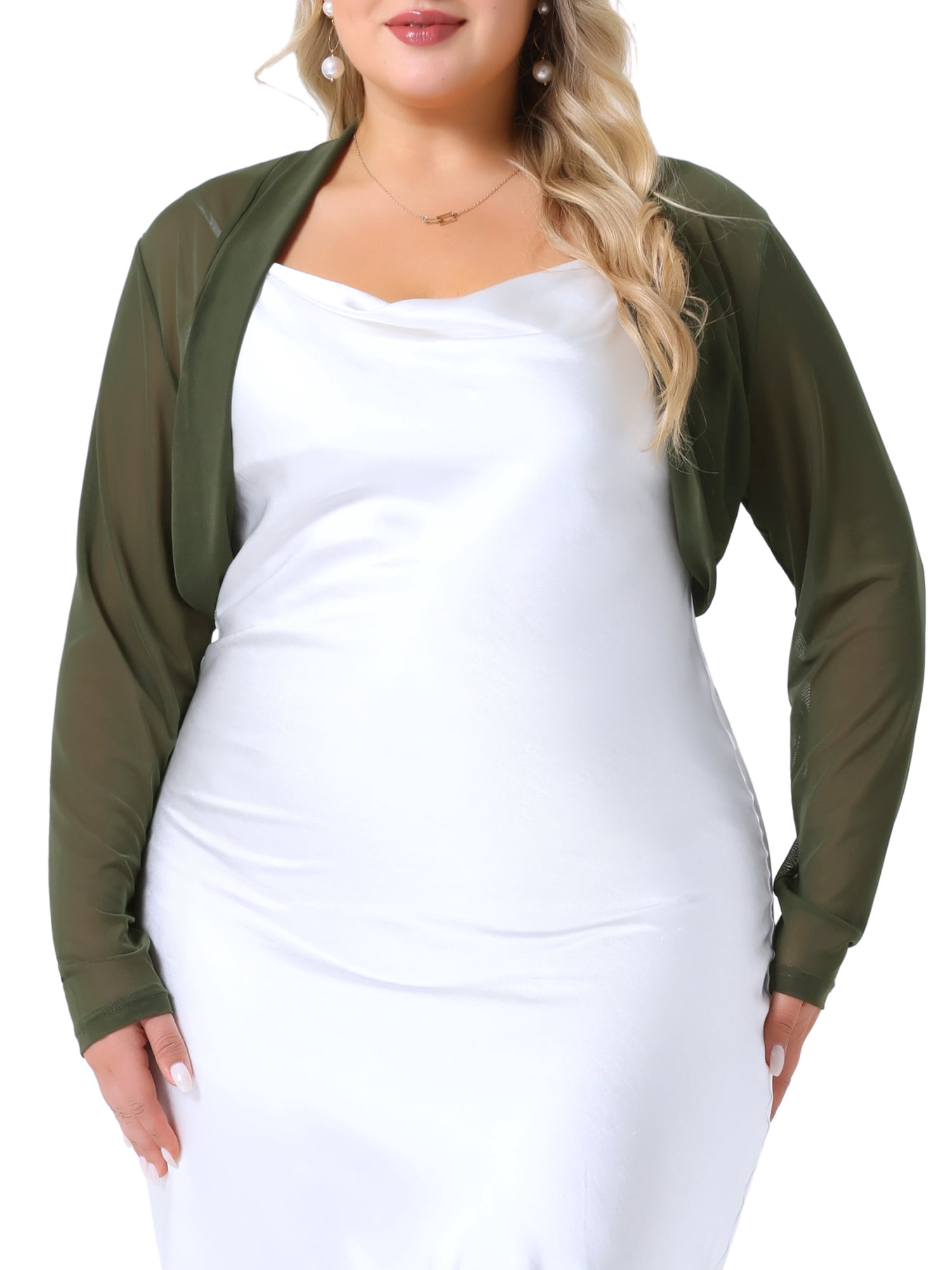 DARING DIVA Women's Plus Size Mesh Crop Long Sleeve Sheer Bolero Shrug Top 3X Army Green