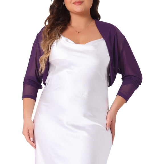 DARING DIVA Plus Size Mesh Crop Long Sleeve Sheer Bolero Shrug Top 3X Purple