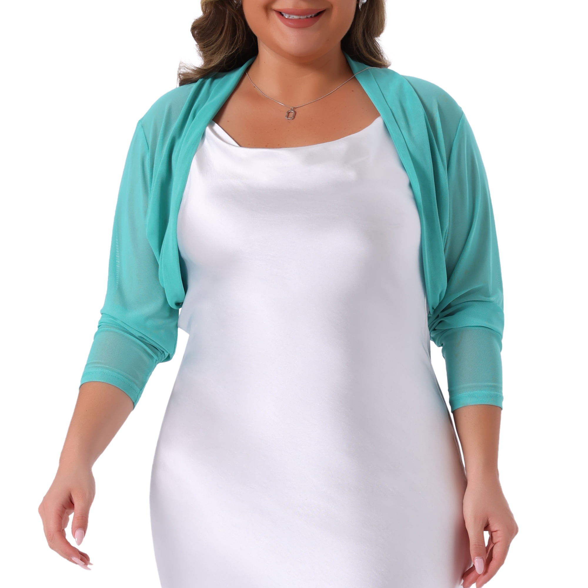 DARING DIVA Women's Plus Size Mesh Crop Long Sleeve Sheer Bolero Shrug Top 4X Cyan