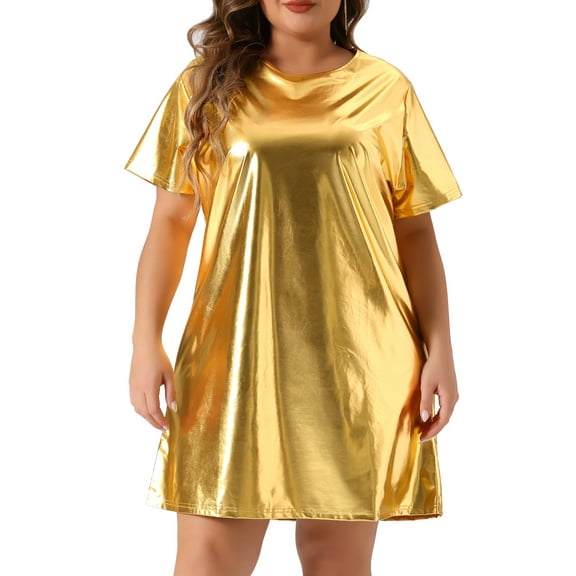 DARING DIVA Plus Size Metallic Round Neck Short Sleeve Mini Dress 1X Gold