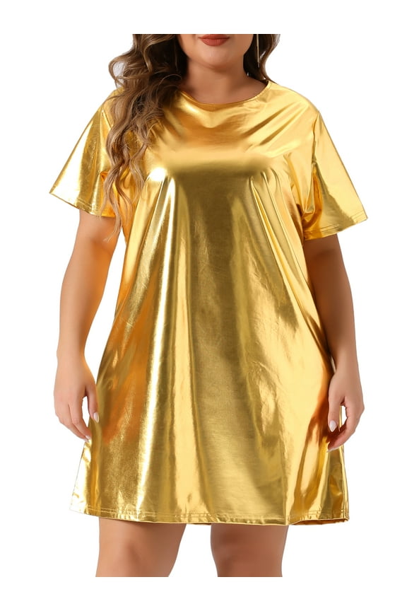 Plus Size Metallic Round Neck Short Sleeve Mini Dress 1X Gold